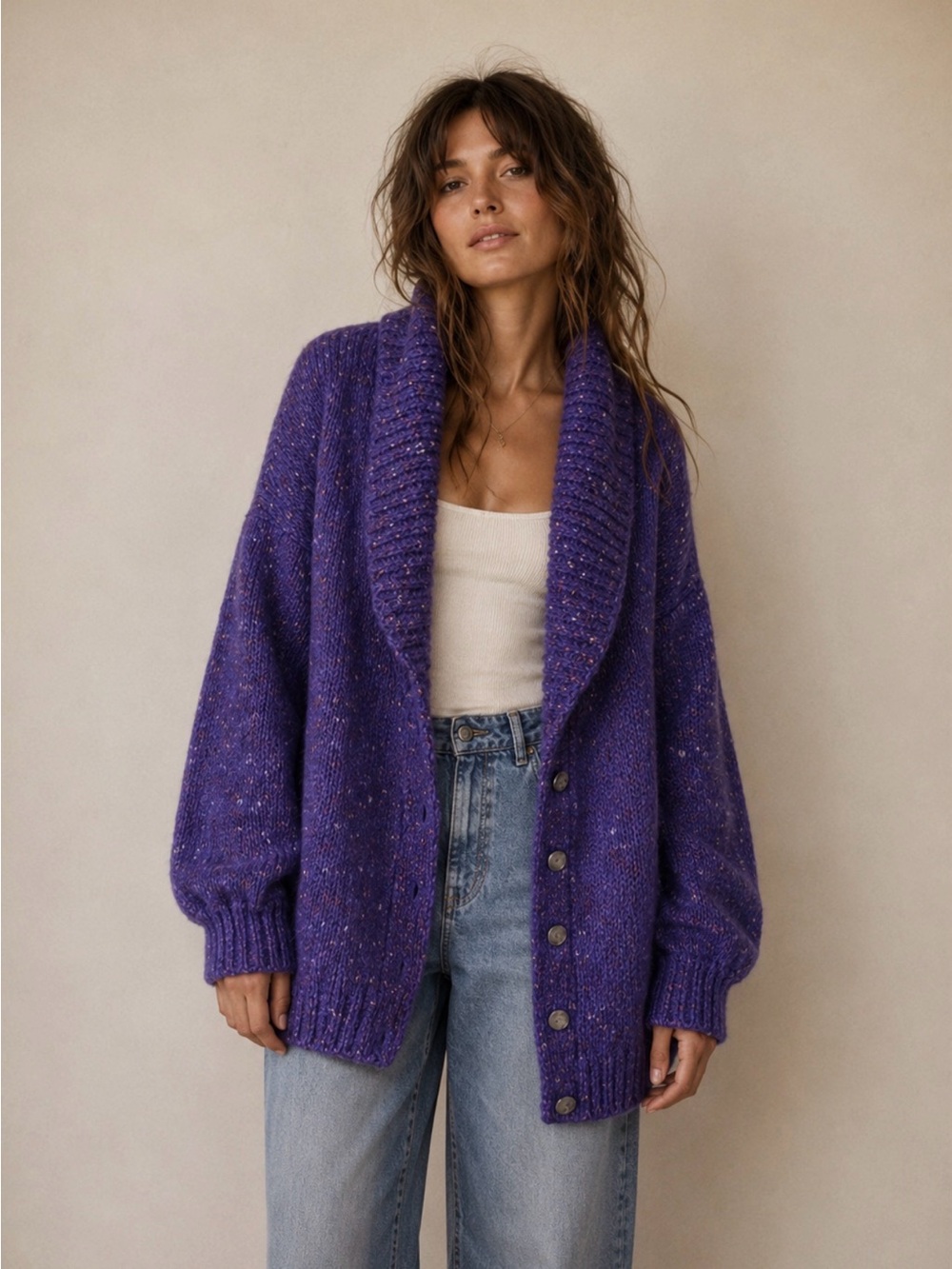 Purple Hand Knit Chunky Cardigan Shawl Collar Balloon Sleeve Oversized Sweater